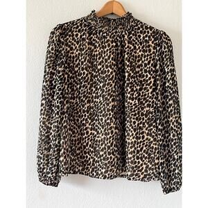 Women's J Crew Cheetah Print Long Sleeve Ruffle Neckline Top Blouse Size XS